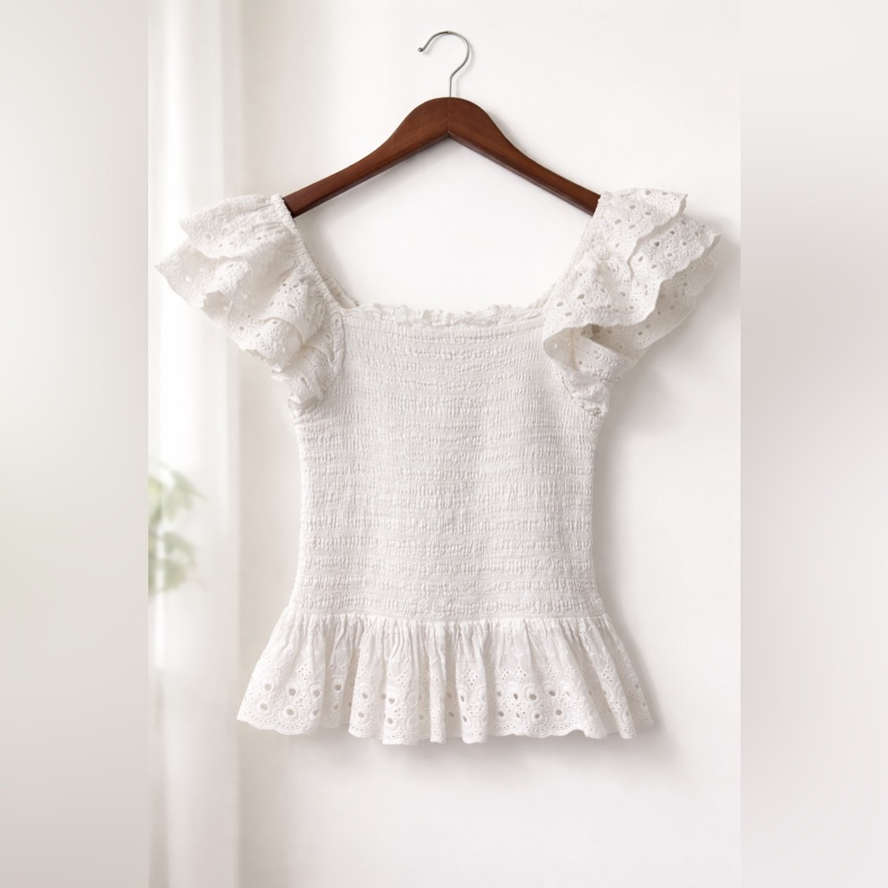 House of Harlow 1960 Smocked Eyelet Ruffle Sleeve Top Summer White Women Size XS